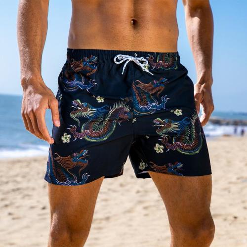 Beach style plus size non-stretch dragon totem printing quick dry lining shorts