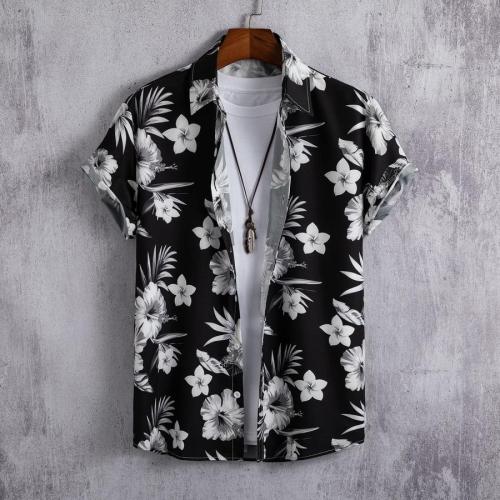 Casual plus size non-stretch floral print button short-sleeved shirt