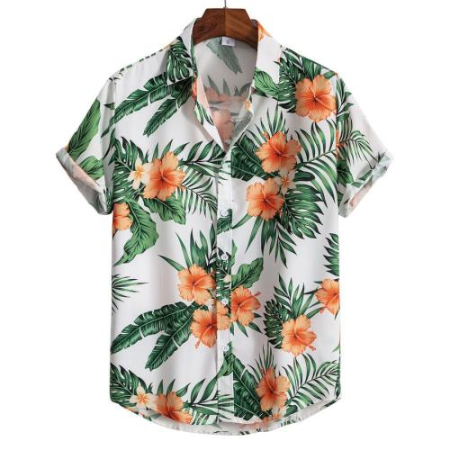Beach style plus size non-stretch flower leaf print short-sleeved shirt