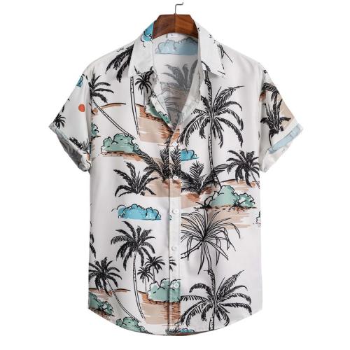 Beach style plus size non-stretch coconut tree print short-sleeved shirt