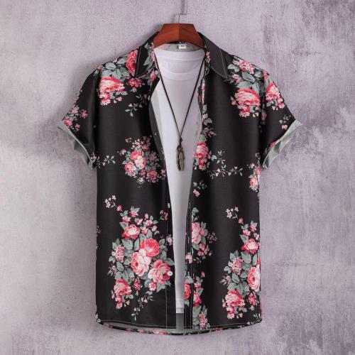 Casual plus size non-stretch flower printing single-breasted short sleeve shirt