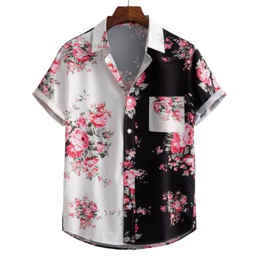 Casual plus size non-stretch flower printing button pocket short sleeve shirt