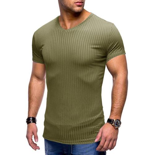 Casual plus size slight stretch ribbed knit slim v-neck short sleeve t-shirt