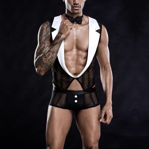 Sexy slight stretch stripe mesh see-through butler cosplay costume(with bow tie)