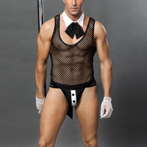 Slight stretch fishnet vest waiter cosplay costume(with bow tie,gloves)