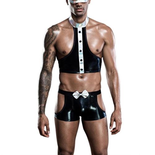 Slight stretch halter neck pu hollow bunny boy cosplay costume(with mask ears)