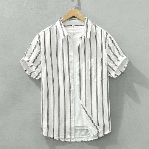 Casual plus size non-stretch striped print pocket all-match short-sleeved shirt