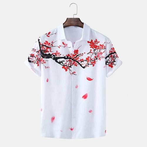 Casual plus size non-stretch ink painting plum blossom printing shirt