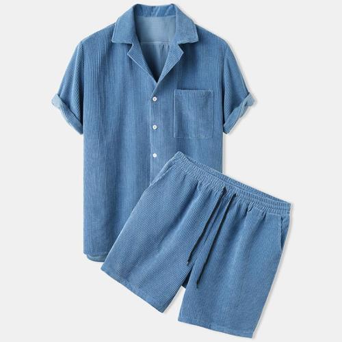 Casual plus size non-stretch solid color corduroy button pocket shorts sets