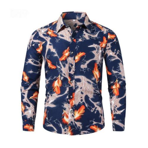 Casual plus size non-stretch single breasted feather batch printing shirts#1
