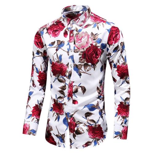Casual plus size non-stretch flower print button long sleeve shirt size run small