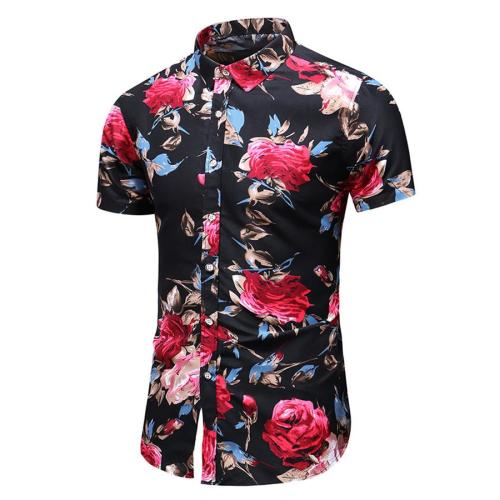 Casual plus size non-stretch flower print button short sleeve shirt size run small