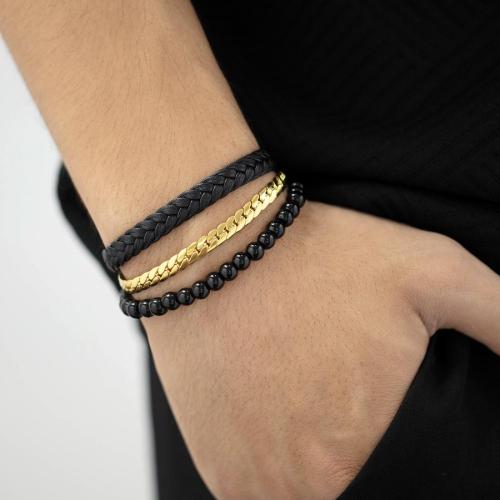 One pc three layer leather stainless steel chain beaded bracelets(length:210mm)