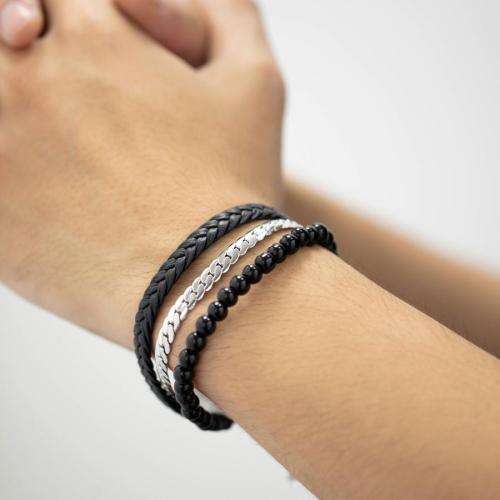 One pc leather stainless steel chain beaded bracelets(length:210mm)