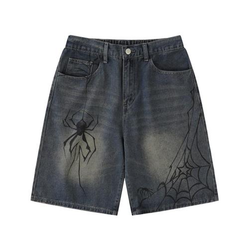 Casual non-stretch straight spider print denim shorts size run small