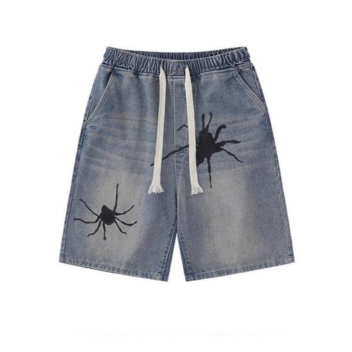 Casual plus size non-stretch straight spider print denim shorts size run small