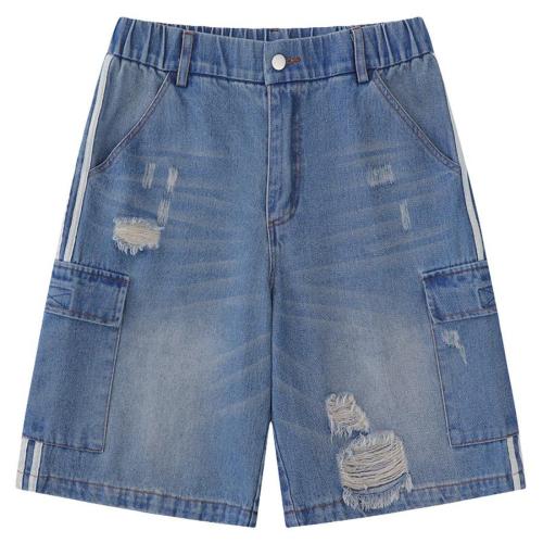 Casual non-stretch multiple pockets hole loose denim shorts size run small