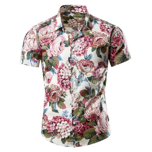 Casual plus size non-stretch short sleeve flower print shirt size run small#1