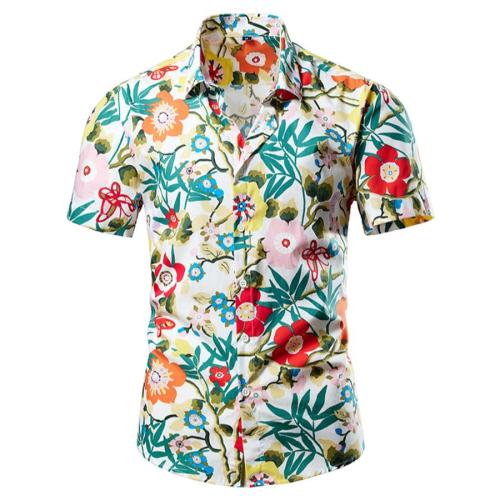 Casual plus size non-stretch short sleeve flower print shirt size run small#3