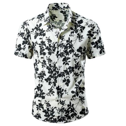 Casual plus size non-stretch short sleeve flower print shirt size run small#4