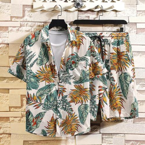 Casual plus size non-stretch palm leaf printing shorts sets(no underwear)