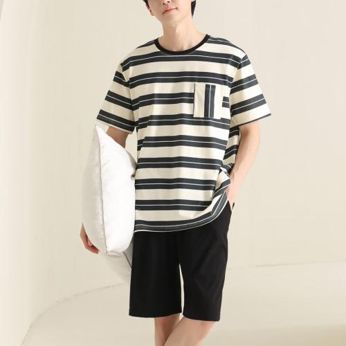 Plus size slight stretch cotton stripe printing shorts sets(size run small)