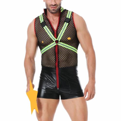 Halloween zip-up pu cosplay sexy fireman costume(with hat & fluorescent strap)