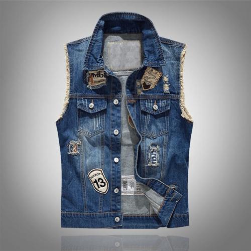 Stylish plus size non-stretch button patch hole denim vest size run small