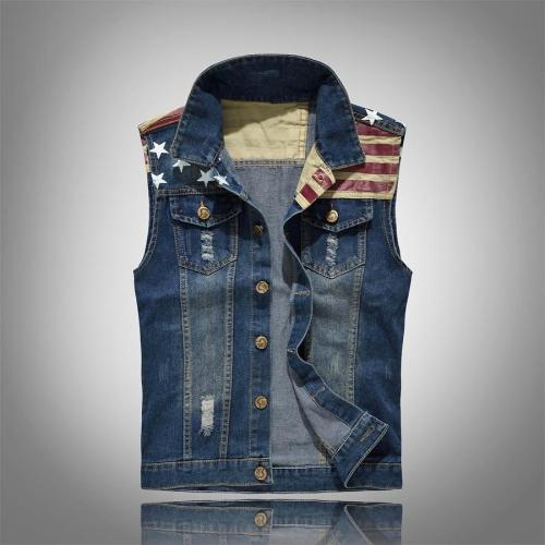 Stylish plus size non-stretch american flag print hole denim vest size run small