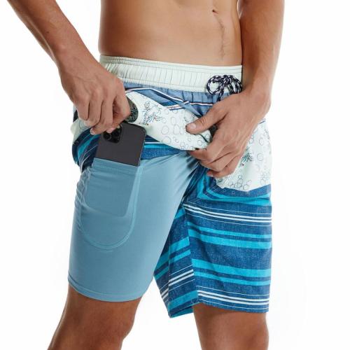 Stylish stripe and shrimp printing pocket beach shorts(with lined)