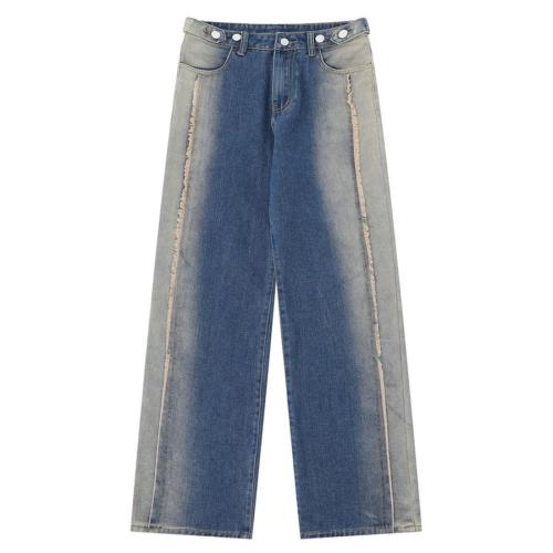 Casual non-stretch contrast color loose straight leg jeans size run small