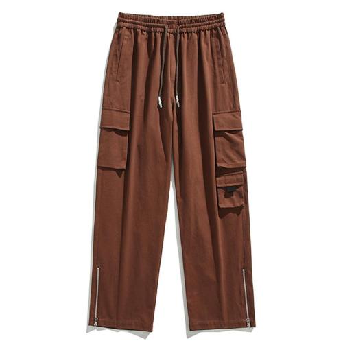 Casual plus size non-stretch pocket zip-up straight cargo pants size run small
