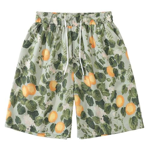 Casual plus size non-stretch flower and fruit print shorts(size run small)