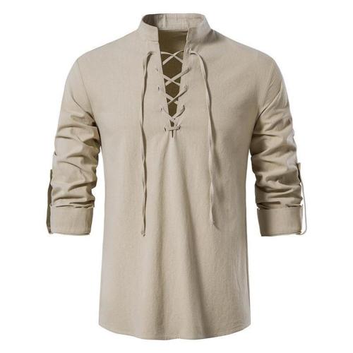 Casual plus size non-stretch solid color lace-up linen long sleeve shirt