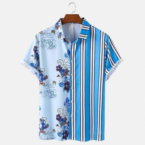 Casual plus size non-stretch flower stripe printing button patchwork shirt