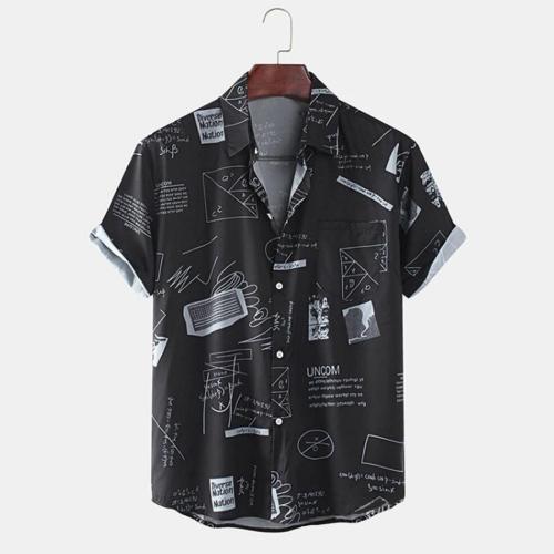 Casual plus size non-stretch letter batch printing button short sleeve shirt