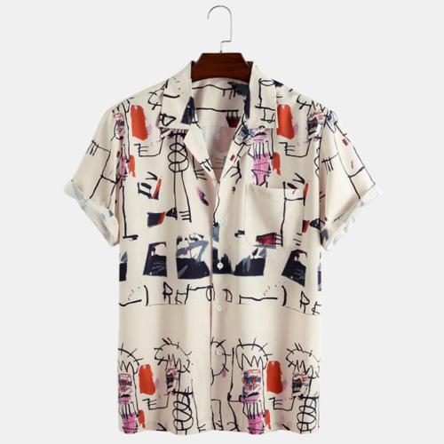 Casual plus size non-stretch batch printing button short sleeve pocket shirt
