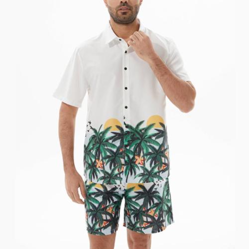 Beach plus size non-stretch coconut tree print button pocket shorts sets