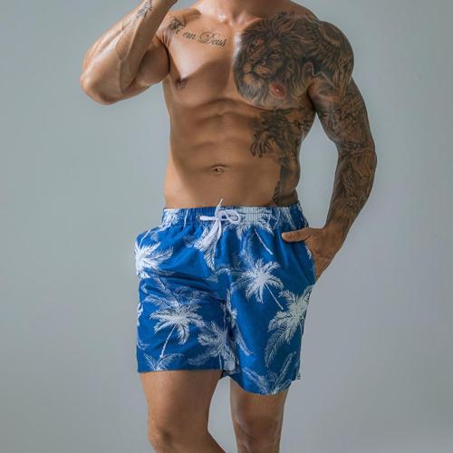 Beach plus size plant printing quick dry tie-waist surfing swim shorts with lined