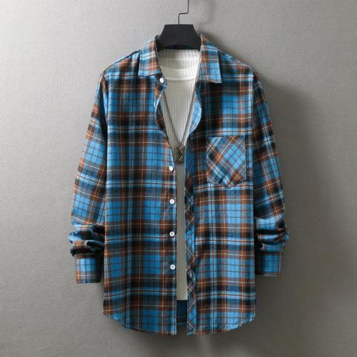Casual plus size non-stretch single-breasted pocket plaid print shirt#3