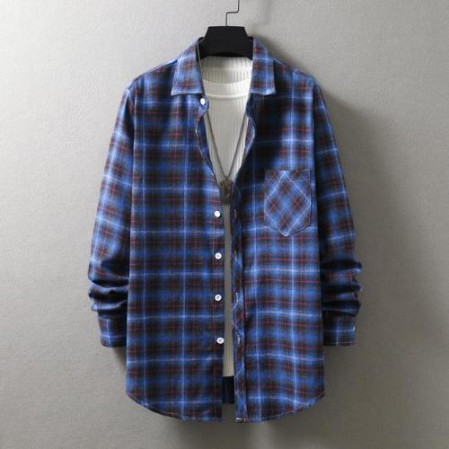 Casual plus size non-stretch single-breasted pocket plaid print shirt#9