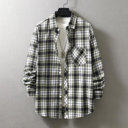 Casual plus size non-stretch single-breasted pocket plaid print shirt#12