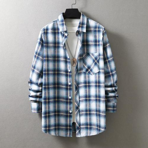 Casual plus size non-stretch single-breasted pocket plaid print shirt#18