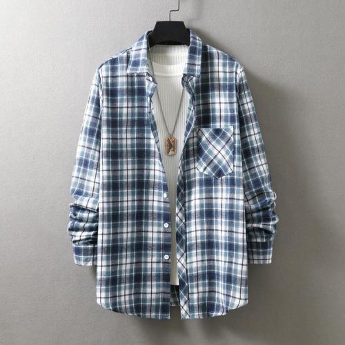Casual plus size non-stretch single-breasted pocket plaid print shirt#19