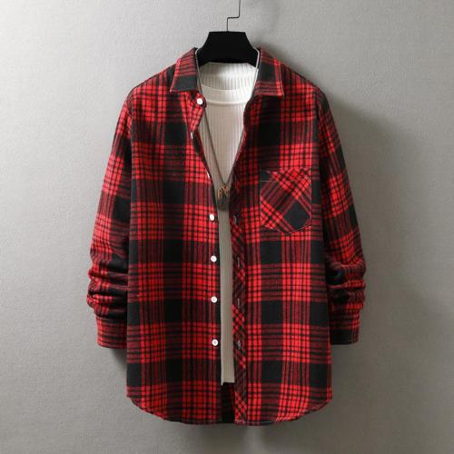 Casual plus size non-stretch single-breasted pocket plaid print shirt#25