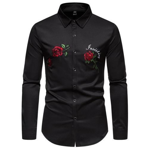 Stylish plus size non-stretch embroidery rose letter button shirt