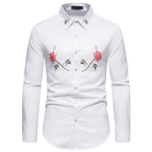 Stylish plus size non-stretch embroidery rose single-breasted long-sleeved shirt