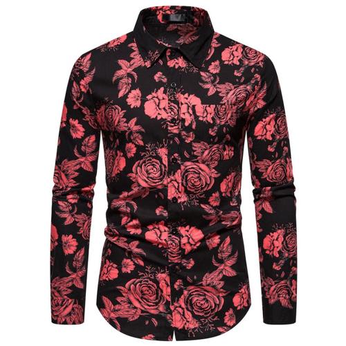 Stylish plus size non-stretch rose print button pocket long-sleeved shirt