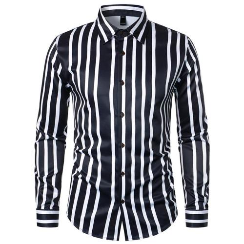 Stylish plus size non-stretch stripe printed single breasted long sleeve shirt