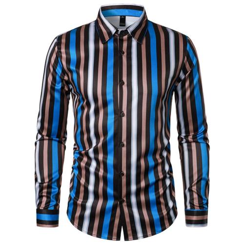 Stylish plus size non-stretch stripe printed single breasted long sleeve shirt#2